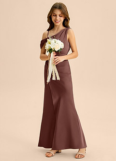 Azazie Madelyn Junior Osłona Zza ramienia Satyna elastyczna Długość podłogi Młodsza druhna Sukienka image5