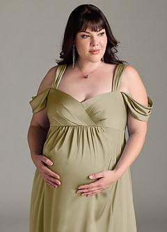 Azazie Rhea vestidos de dama de honor de maternidad Vestido de Corte En A Off The Shoulder Plisado Hasta el suelo Satén Elástico image12