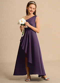 Azazie Taffy Junior Formal vestidos de niña de las flores Vestido de Ciruela de Satin Mate de Corte En A con Encaje image4