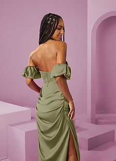 Barbie ♥ Azazie Bridesmaid Dresses Pistachio Sheath Off the Shoulder Stretch Satin Convertible Dress image8