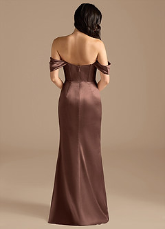 Azazie Lynden At-home Try On Dresses Auburn Sheath Off the Shoulder Metallic Satin Convertible Dress image5