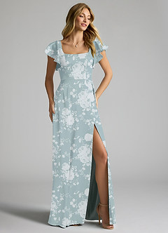 Azazie Bondi Bridesmaid Dresses Powder Blue Floral A-Line Bow Stretch Satin Dress image2