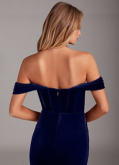 Azazie Jas Robes de demoiselle d'honneur Robe Fourreau Convertible en velours Schulterfreies Korsett Bleu Marine Foncé image7