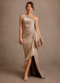 Azazie Yvette Mère de la mariée Robes Robe Fourreau en Satin extensible Une épaule Taupe image3