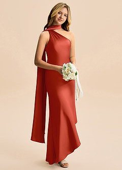 Azazie Briony Junior Rust Sheath Pleated Stretch Satin Dress image4