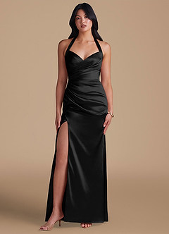 Azazie Emeria Bridesmaid Dresses Black Sheath Side Slit Metallic Satin Dress image5