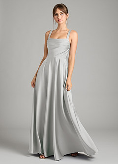 Azazie Shaude Bridesmaid Dresses Silver A-Line Pleated Stretch Satin Dress image1
