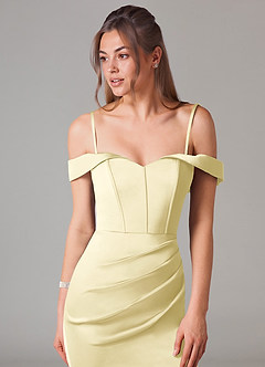 Azazie Everly Jurken voor bruidsmeisjes Converteerbaar Jurk van Stretch Satijn met Zeemeermin Off the Shoulder Citroensorbet image2