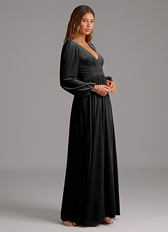 Azazie Norah Bridesmaid Dresses Black A-Line Long Sleeve Velvet Dress image4