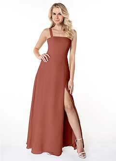 Azazie Jay Bridesmaid Dresses Auburn A-Line Square Neckline Side Slit Chiffon Dress image1