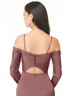 Azazie Hallie Bridesmaid Dresses Vintage Mauve Sheath Off-The-Shoulder Long Sleeve Stretch Satin Convertible Dress image7