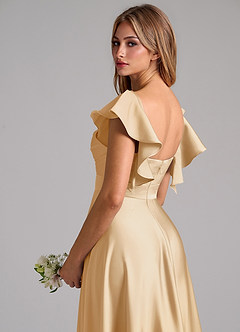Azazie Leilani Bridesmaid Dresses Gold A-Line Ruched Stretch Satin Dress image9