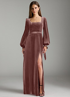 Azazie Leonia Brautjungfernkleider A-Linie Langarm Samt Kleid Espresso image1
