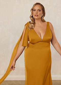Christian Siriano Bridal for Azazie 1011 Bridesmaid Dresses Butterscotch Mermaid Bow Stretch Satin Dress image13