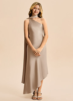 Azazie Briony Junior Etui Plissee Stretch-Satin Kleid Taupe image7