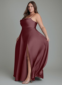 Azazie Elle Bridesmaid Dresses Sangria A-Line Pleated Stretch Satin Dress image14