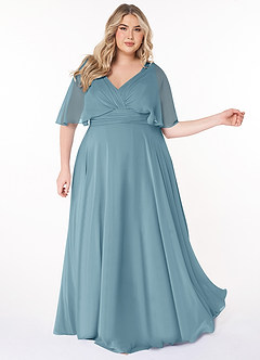 Azazie Pamela Jurken voor bruidsmeisjes Jurk van Chiffon met A-Lijn V-hals geplooid Mystiek Blauw image8