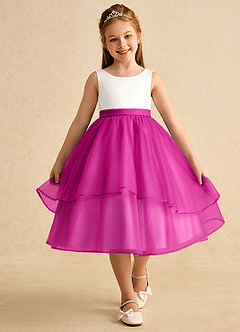 Azazie Rene Flower Girl Dresses Ivory Fuchsia A-Line Bow Tulle Dress image4