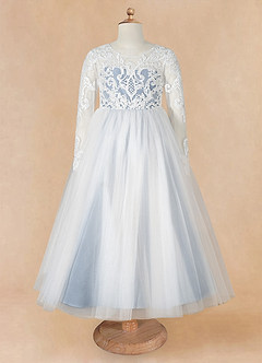 Azazie Elodie Flower Girl Dresses Ivory Dusty Blue Ball-Gown Lace Dress image10