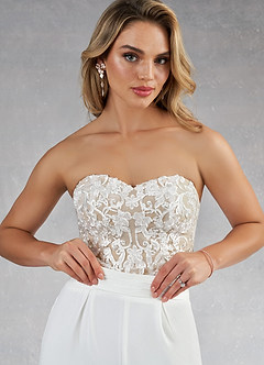 Azazie Tiffany Wedding Dresses Diamond White Nude Pant Styles Lace Stretch Crepe Dress image10