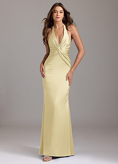 Azazie Valerie Bridesmaid Dresses Lemon Sorbet Mermaid Pleated Stretch Satin Dress image1