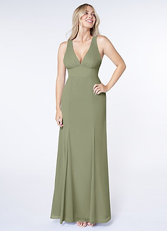 Azazie Christiana At-home Try On Dresses Dusty Blue A-Line V-Neck Pleated Chiffon Dress image1