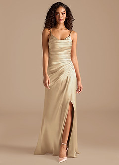 Azazie Deandra Bridesmaid Dresses Champagne Mermaid Pleated Metallic Satin Dress image4