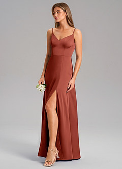Azazie Talina Robes de demoiselle d'honneur Robe Trapèze en Satin extensible Terracotta image4