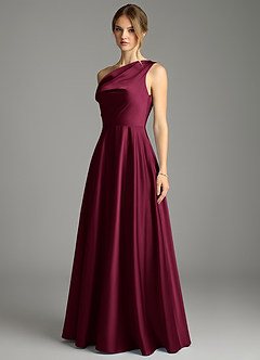 Azazie Xanthe Bridesmaid Dresses Burgundy A-Line Off the Shoulder Stretch Satin Dress image4