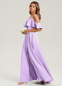 Azazie Jean Bridesmaid Dresses Lilac A-Line Off the Shoulder Stretch Satin Dress image5