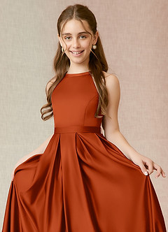 Azazie Arianthe Junior A라인 스트레치 새틴 플로어 길이 주니어 신부 들러리 드레스 드레스 image9