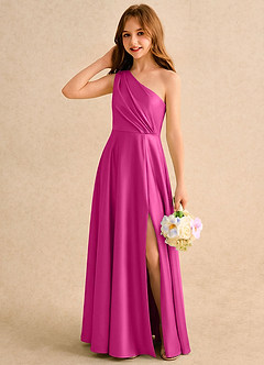 Azazie Puddles Girls Formal Abiti da Ragazza di Fiori Abito A-Line in Raso Elasticizzato Monospalla Fucsia image3