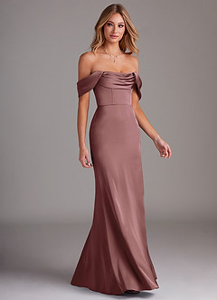 Azazie Saige Bridesmaid Dresses Vintage Mauve Sheath Off the Shoulder Stretch Satin Dress image6