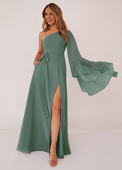 Barbie ♥ Azazie Bridesmaid Dresses Eucalyptus A-Line Long Sleeve Chiffon Dress image1