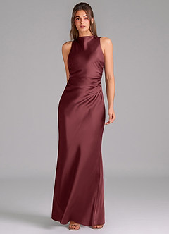 Azazie Evadne Bridesmaid Dresses Merlot Sheath Pleated Stretch Satin Dress image3