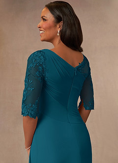 Azazie Dionysus Mother of the Bride Dresses Ink Blue A-Line Boatneck Lace Chiffon Dress image5