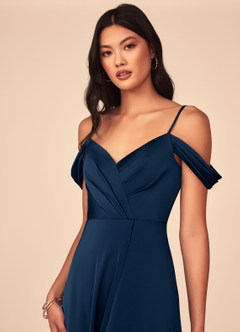 Azazie Ocean Bridesmaid Dresses Dark Navy A-Line V-Neck Pleated Stretch Satin Dress image4