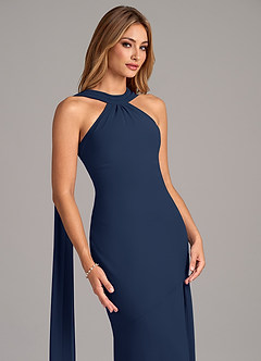 Azazie Kinsley At-home Try On Dresses Dark Navy Mermaid Pleated Chiffon Dress image7