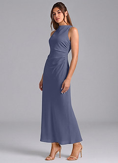 Azazie Evadne 신부 들러리 드레스 쉬스 주름진 쉬폰 발목 길이 드레스 image1