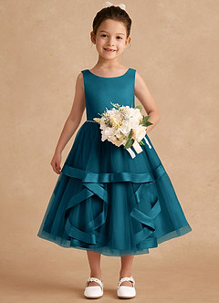 Azazie Posy Flower Girl Dresses Ink Blue A-Line Beaded Tulle Dress image4