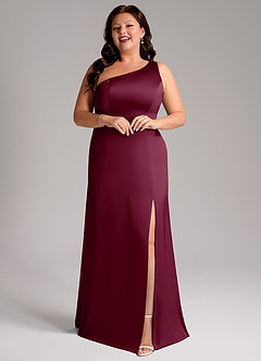 Azazie Phaedra Bridesmaid Dresses Mulberry A-Line One Shoulder Stretch Satin Dress image13