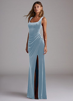 Azazie Mero Bridesmaid Dresses Dusty Blue Sheath Pleated Velvet Dress image3
