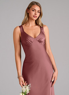Azazie Kamila Bridesmaid Dresses Amethyst A-Line Pleated Stretch Satin Dress image7