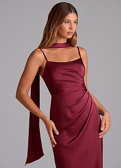 Azazie Calandra Bridesmaid Dresses Burgundy Sheath Pleated Stretch Satin Dress image5