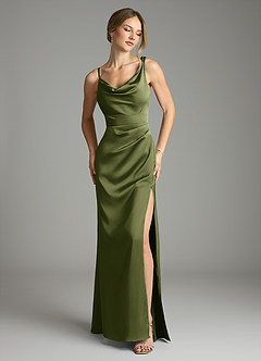 Azazie Samara Robes de demoiselle d'honneur Robe Sirène en Satin extensible Plissée Olive image1