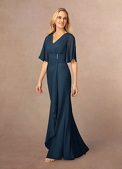 Azazie Carson Mother of the Bride Dresses Dark Navy A-Line V-Neck Lace Chiffon Dress image2