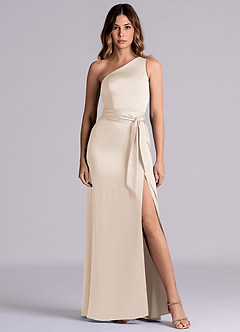 Azazie Phaedra Bridesmaid Dresses White Alabaster A-Line One Shoulder Stretch Satin Dress image2