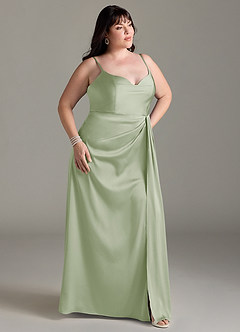 Azazie Brielle Robes de demoiselle d'honneur Robe Trapèze en Satin extensible Bretelles spaghetti Vert Sauge image9