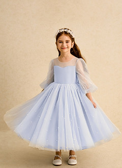 Azazie Trudy 플라워 걸 드레스 볼가운 스윗하트 네크라인 얇실버 명주 그물 티 길이 드레스 image5