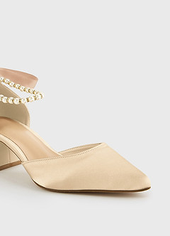 front Satin-Pumps mit spitzer Spitze und Blockabsatz, Perlen und Schleife